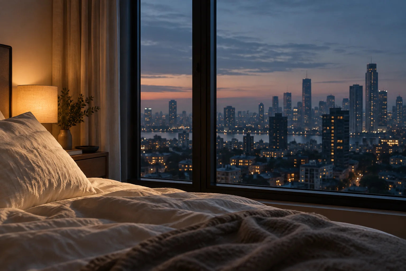 Illustration of an unoccupied bedroom overlooking a city at dusk
