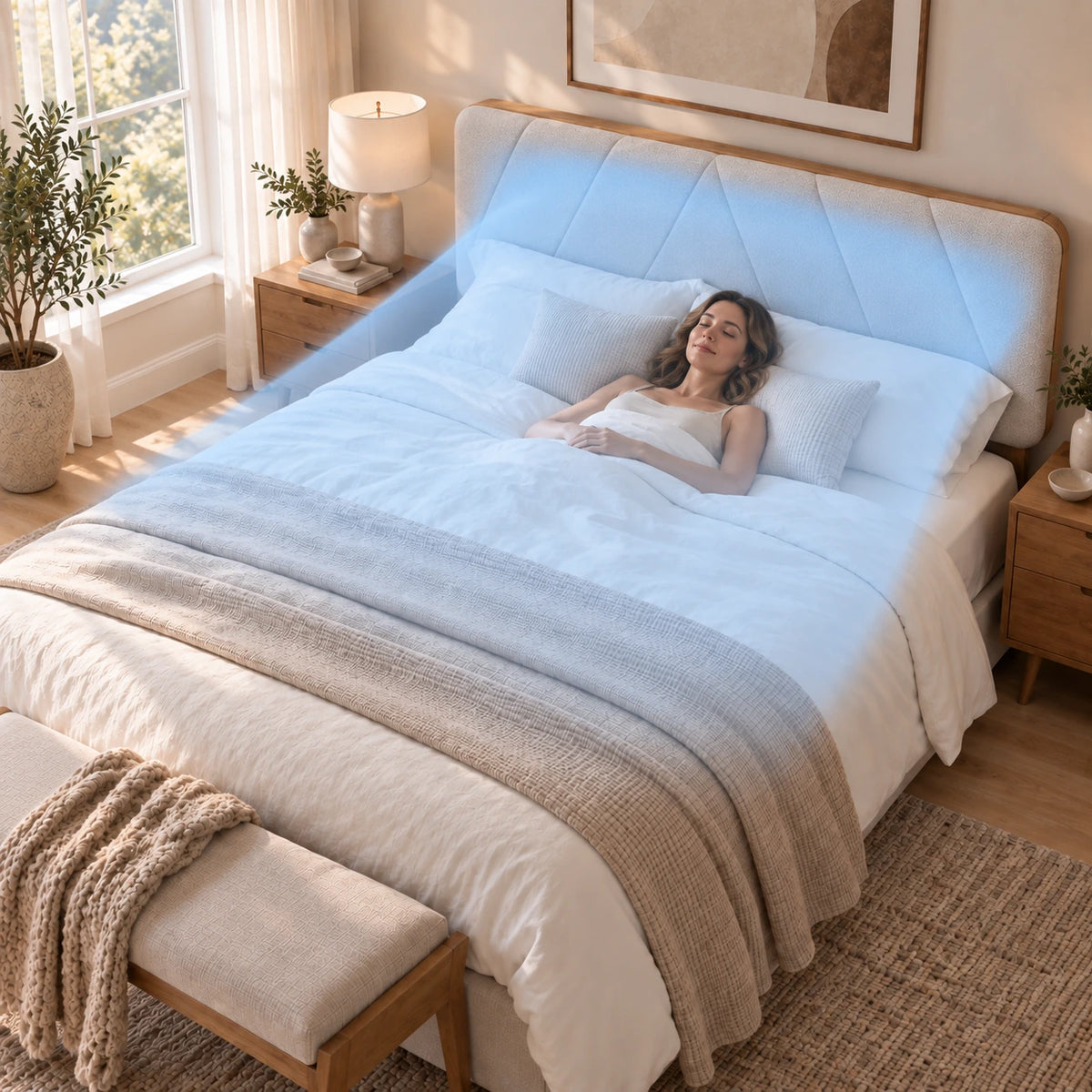 Woman resting in a modern bedroom with a soft blue illustration of airflow from the AirTulip air-purifying headboard.