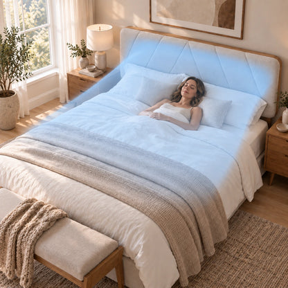 Woman resting in a modern bedroom with a soft blue illustration of airflow from the AirTulip air-purifying headboard.