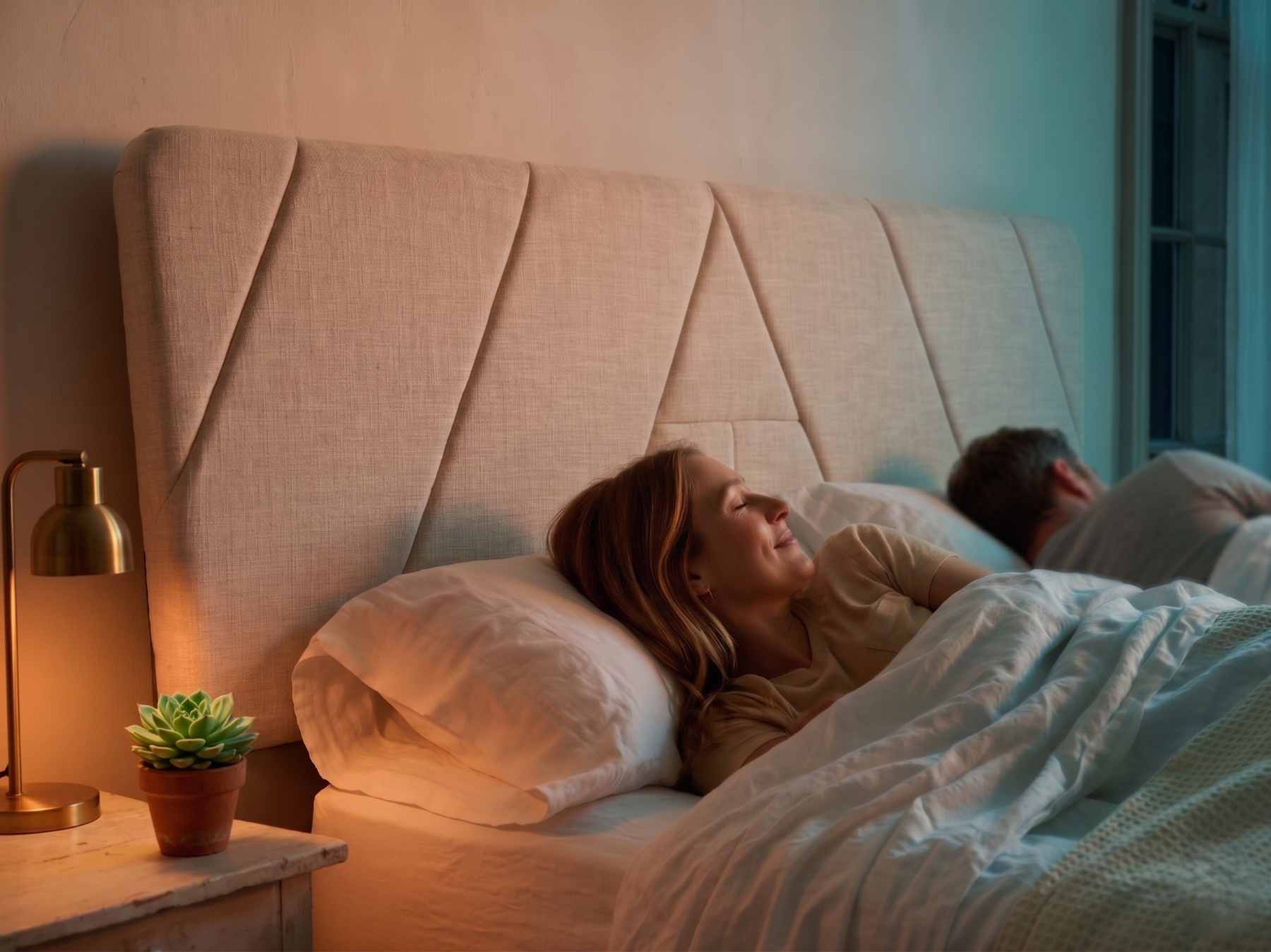 Woman sleeping peacefully with AirTulip Sleep headboard and teal-orange night lighting